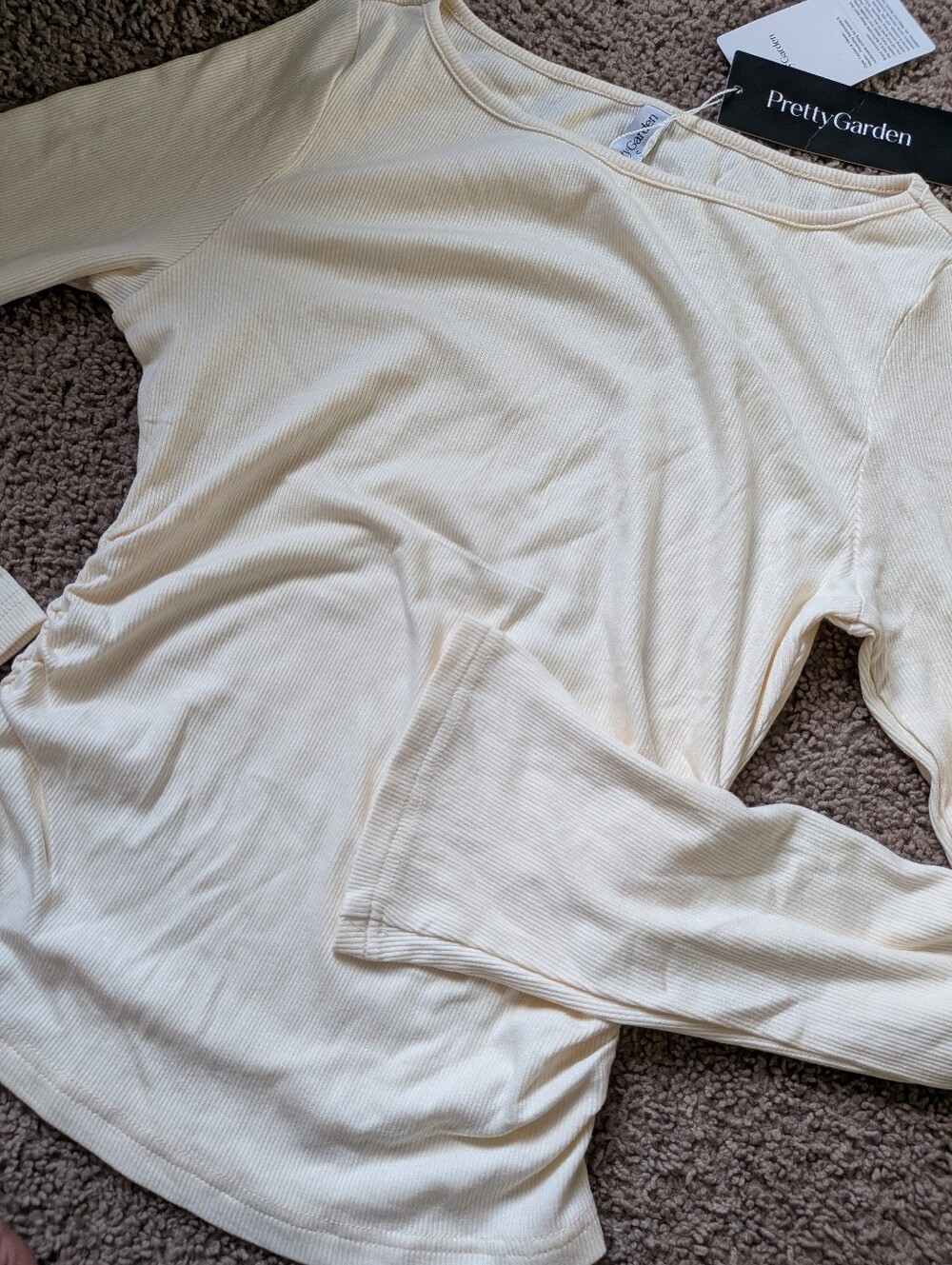 NWT PrettyGarden Cream Ribbed Ruched Tee